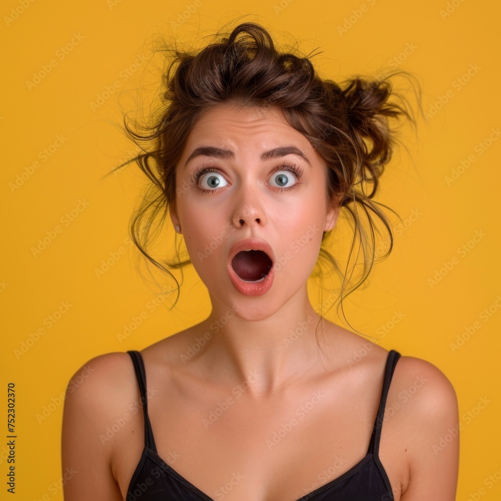 View of surprised young woman on yellow background.