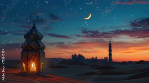 Majestic Night in the Desert  Golden Lanterns Brightening Sky with Crescent Moon and Majestic Mosque