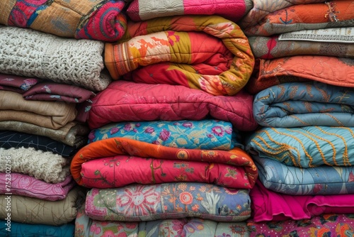 .The image shows a large pile of colorful blankets, possibly quilts and pillows, stacked on top of each other. The.