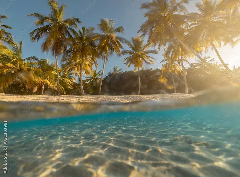 Underwater tropical beach with palm trees