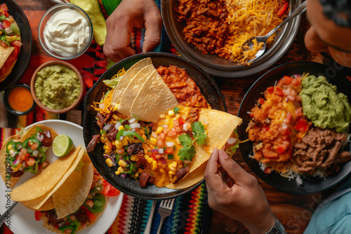 Top view of a group of people eating Mexican tacos on the table photo
