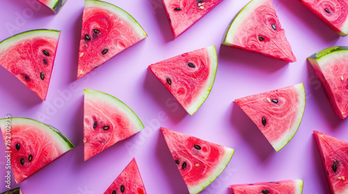 A colorful pattern of Watermelon slices cut into triangles on a purple background, Generative AI