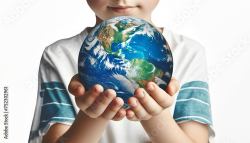 青く丸い地球を手に持ち眺める子供