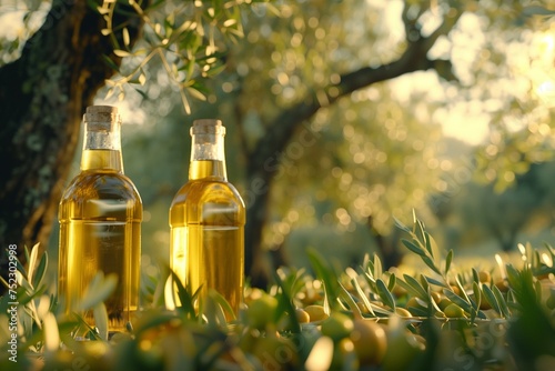 An idyllic composition featuring golden olive oil bottles, adorned with olives leaves and fruits, elegantly positioned in the midst of a sunlit rural olive grove.