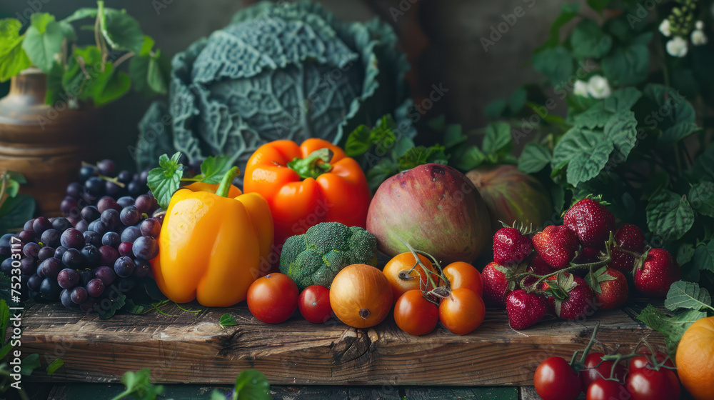 Fresh organic vegetables and fruits on wooden table with copy space, still life, Generative AI Fresh organic vegetables and fruits on wooden table with copy space, still life, Generative AI