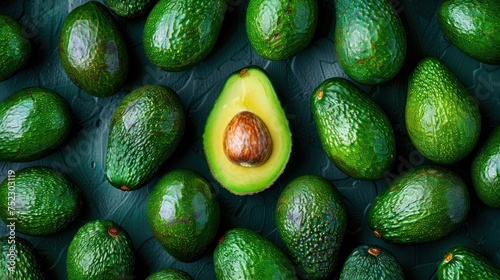 Concept stand out from the crowd, Large group of whole avocados where one split in half stands out from the crowd, Generative AI