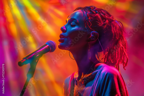 A woman with vibrant dreadlocks passionately sings into a microphone, her voice filling the room with emotion and energy