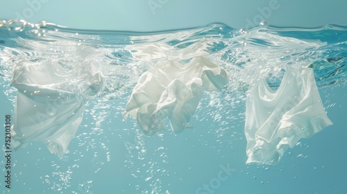 Underwater view of floating clothes with bubbles and wet splashes on a pastel blue background for Commercial advertisement for a washing machine or detergent liquid, Generative AI photo