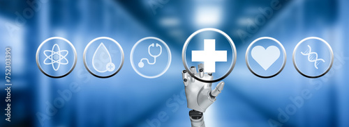 Healthcare system And Medical icons Concept. 3d Rendering Of Robot Hand Touching On Health Care Icon.