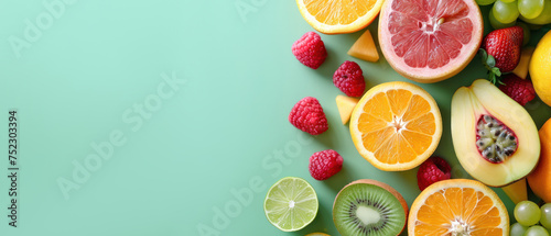 Fototapeta Naklejka Na Ścianę i Meble -  Top view of fresh mixed fruits on a soft green color background with copy space for text, Generative AI