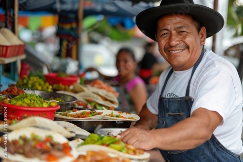 mexican People Smiling vendor with tacos mexican Food at outdoor mexican restaurant market for advertising Fast Food menu © pawimon