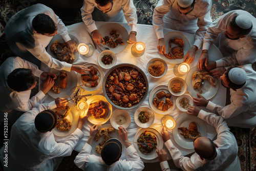 Top view of a group of Muslims having dinner together during the month of Ramadan