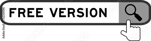 Search banner in word free version with hand over magnifier icon on white background