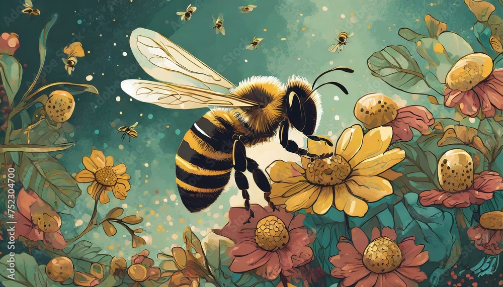 bee and flower - obrazy, fototapety, plakaty 