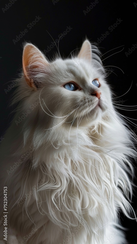 an angora cat close-up portrait looking direct in camera with low-light, black backdrop 