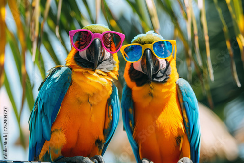 Two vibrant parrots perched with sunglasses on their heads, adding a fun and stylish touch to their colorful plumage