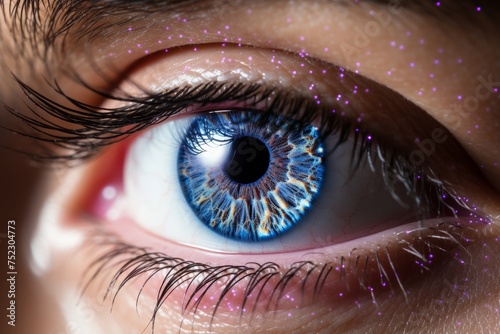 Close up of human eye with laser beams and digital network, laser vision correction procedure photo