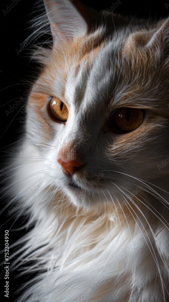 an angora cat close-up portrait looking direct in camera with low-light an angora cat close-up portrait looking direct in camera with low-light