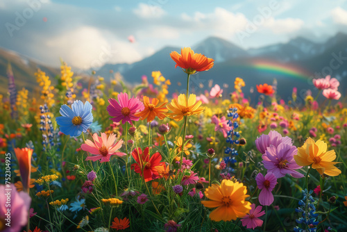 A vibrant field brimming with colorful flowers  set against a mesmerizing rainbow backdrop