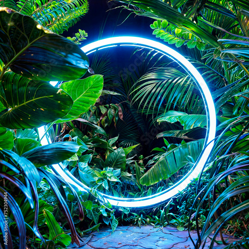 Neon circle of light in the middle of a tropical forest