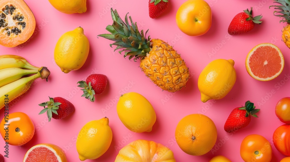 Wallpaper of Many colorful fruits and vegetables are patterned on a pink background, Generative AI