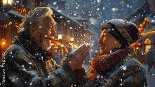 Elderly Mexican couple experiencing snow for the first time in a quaint American or Canadian town, their faces filled with wonder and joy as they catch snowflakes on their palms