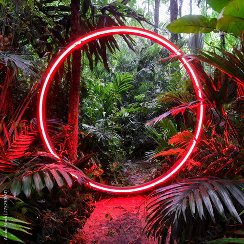 Neon circle of light in the middle of a tropical forest