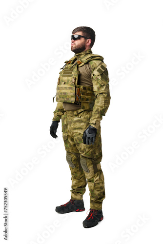 Full length portrait of man soldier wearing ammunition on white background