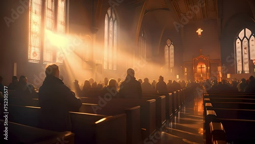 Faithful gathered in prayer in a Christian church