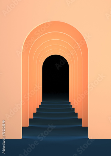 3d surreal render. Abstract arch tunnel peach fuzz color vertical background.