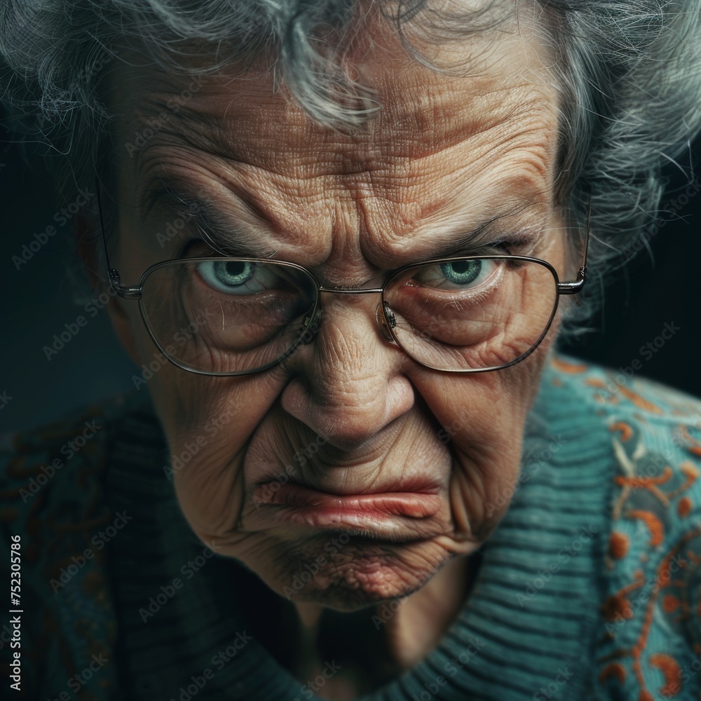 Portrait of an angry old woman with gray hair on a dark background. Portrait of an angry old woman with gray hair on a dark background.