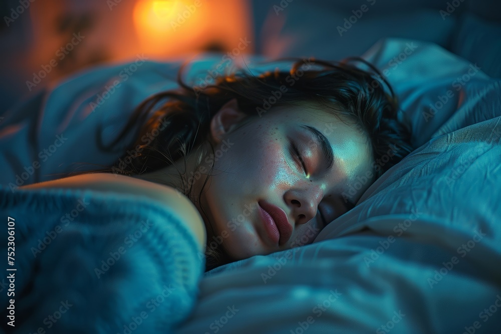 Woman snoozes soundly, cocooned in warmth and tranquility, the room bathed in serene blue hues, inviting a restful slumber. - obrazy, fototapety, plakaty 