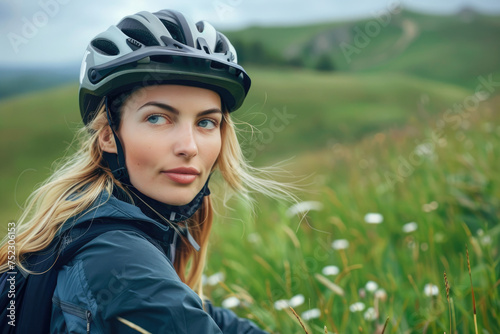 a beautiful model woman on a green summer hill wearing mountain bike riding clothes