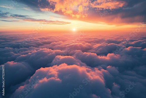 Amazing panoramic aerial view of sunset sky. Beautiful clouds and colors at dusk