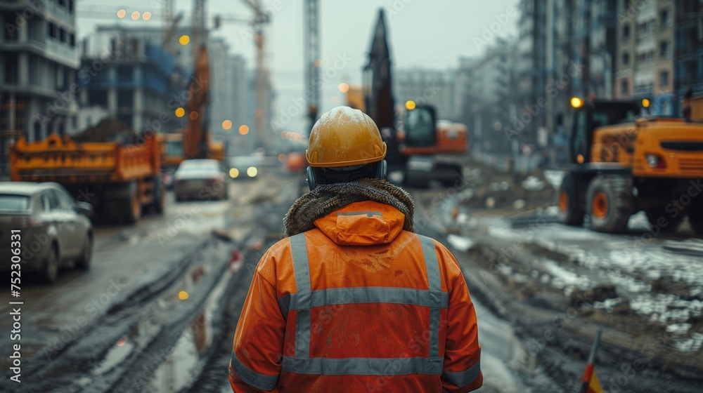 An engineer examines a construction report on site, with the expressway project and machinery visible behind him. An engineer examines a construction report on site, with the expressway project and machinery visible behind him.