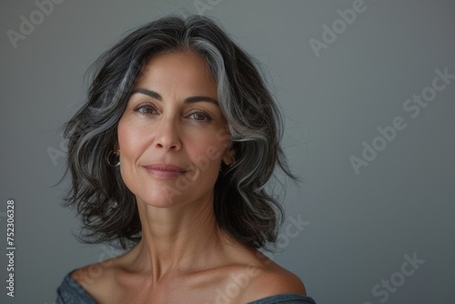 Mature woman model radiates joy  her skin glowing with dermatology care and good health.