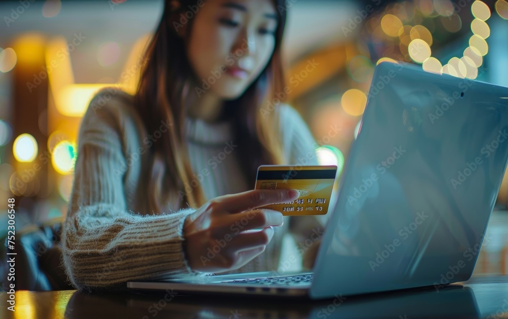 Asian woman shops online with credit card and laptop at home, enjoying the convenience of e-commerce and secure money transfer. Asian woman shops online with credit card and laptop at home, enjoying the convenience of e-commerce and secure money transfer.