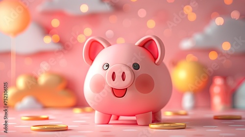 Pink Piggy Bank with Coins and Balloons, To convey the idea of saving money for future financial goals with a cute and adorable pink piggy bank and