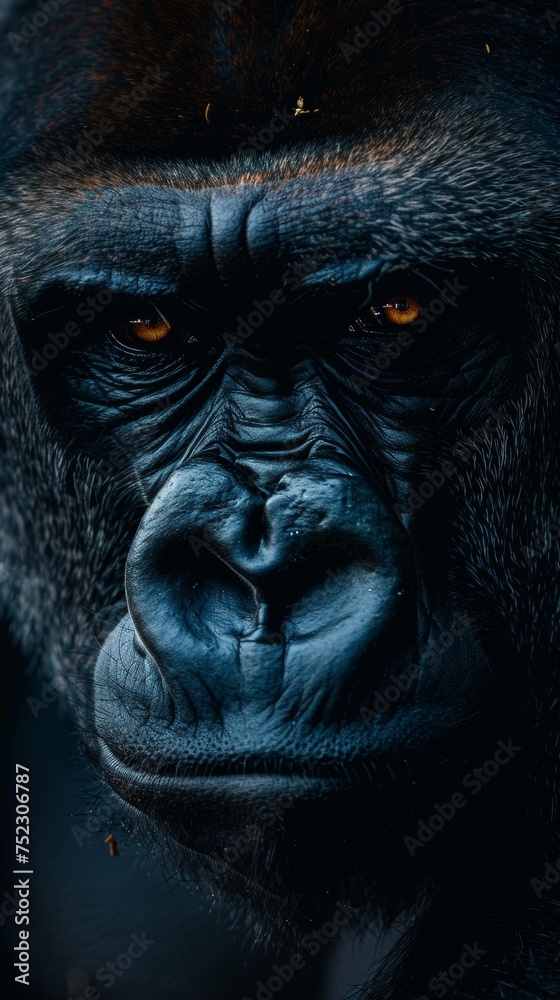 Portrait of a pensive gorilla, dark background. Staring silverback gorilla, black backdrop. Gorilla Portrait, wild animal conservation program Portrait of a pensive gorilla, dark background. Staring silverback gorilla, black backdrop. Gorilla Portrait, wild animal conservation program