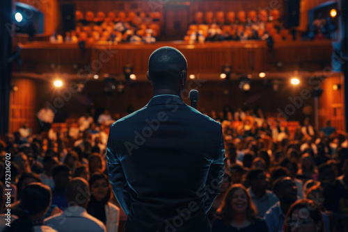 motivational speaker standing on stage in front of audience