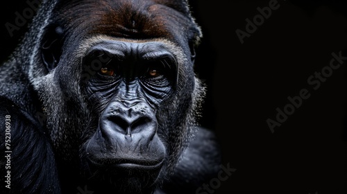 Portrait of a pensive gorilla, dark background. Staring silverback gorilla, black backdrop. Gorilla Portrait, wild animal conservation program © PAOLO