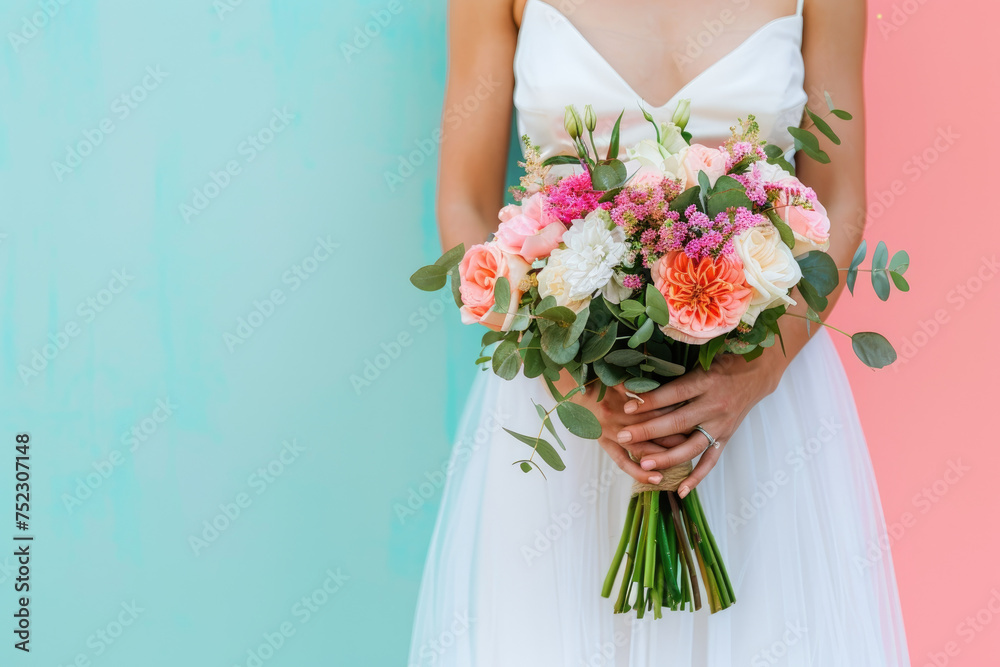 portrait of a Bride holds a wedding bouquet on isolated colorful background with copy space