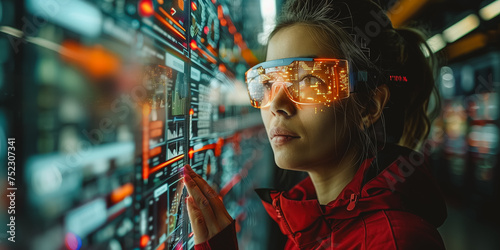 Female Engineer use augmented mixed virtual reality integrate artificial intelligence