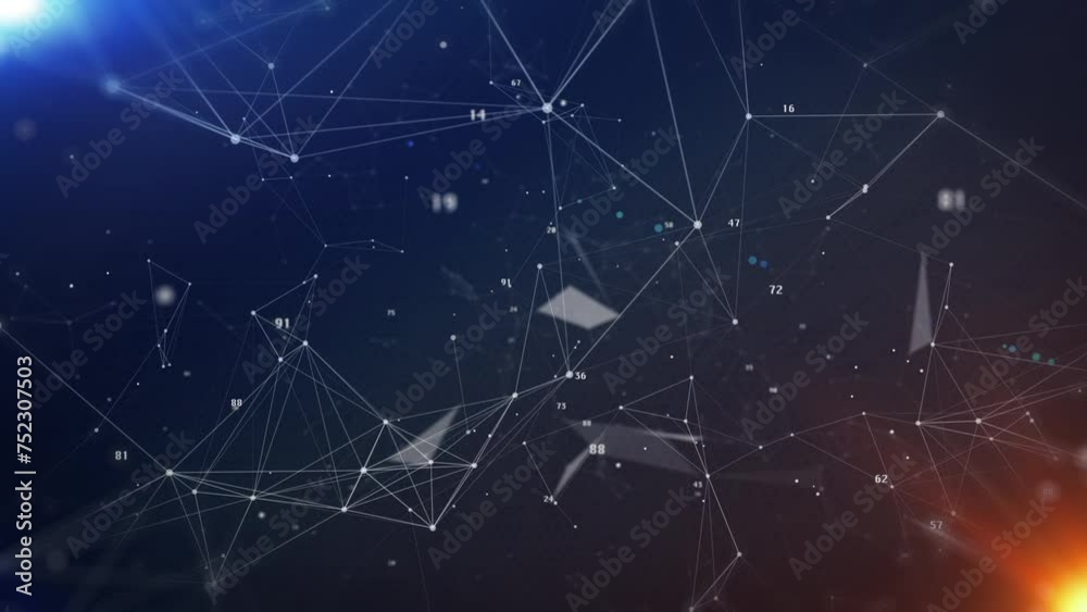 Technology digital line corner structure cyber data network connection concept. Abstract geometric, triangle shape moving with number particle floating in blue 4K motion background. Technology digital line corner structure cyber data network connection concept. Abstract geometric, triangle shape moving with number particle floating in blue 4K motion background.