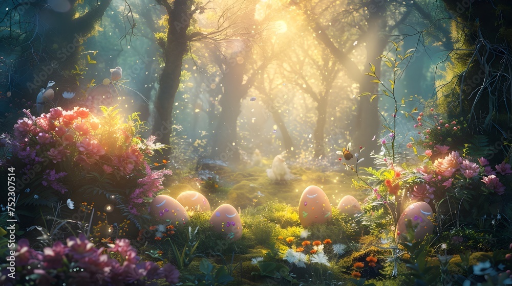 Easter Rabbit Flies Through Wooded Forest, To provide a whimsical and artistic background for Easter and spring-themed designs, decor, and