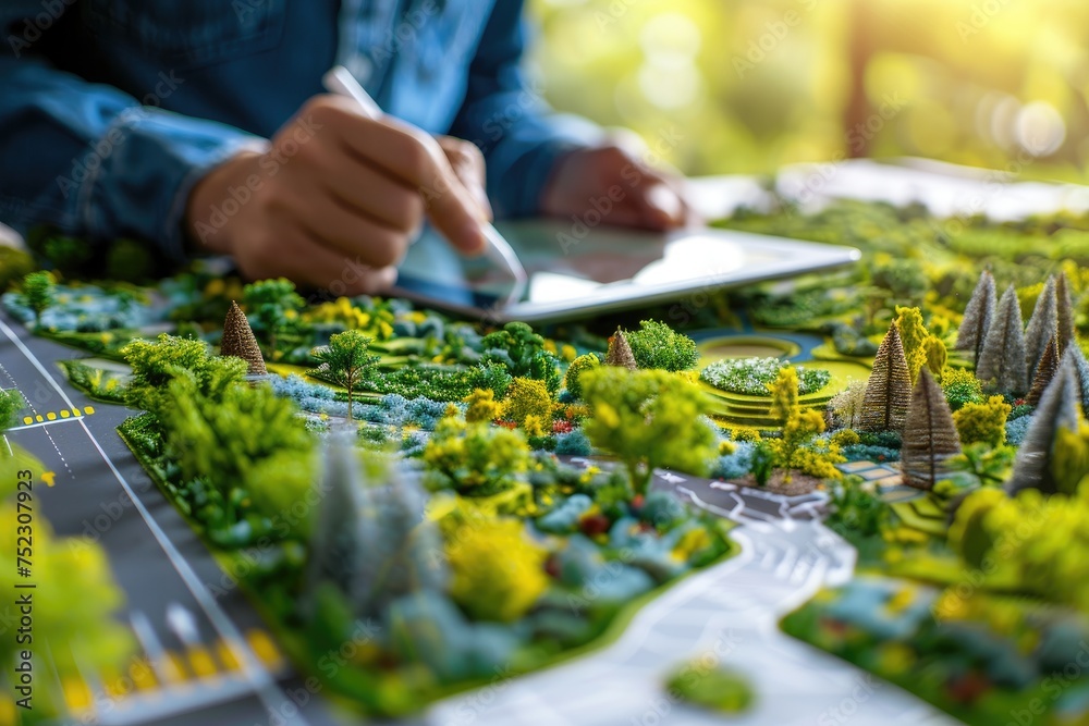 A landscape architect designing a sustainable urban park on a tablet A landscape architect designing a sustainable urban park on a tablet