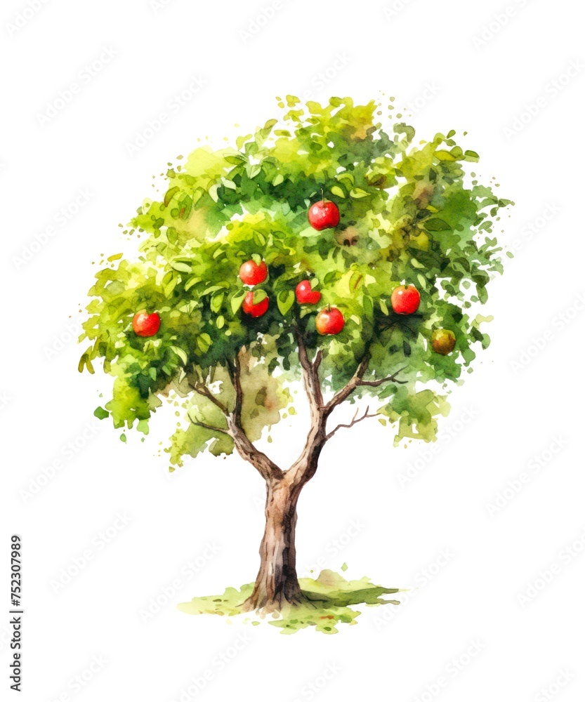 Watercolor illustration of an apple tree with fresh fruits isolated on white background.