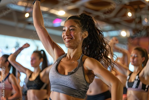 A fitness instructor leading a high-energy class in a modern gym