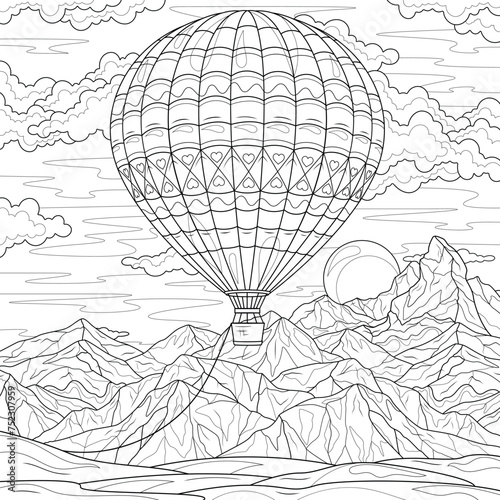 Hot air balloon in the sky above the mountains.Coloring book antistress for children and adults.