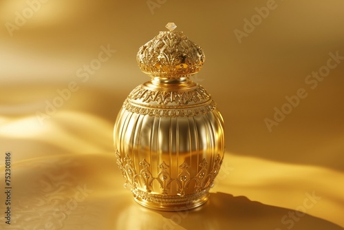 A captivating glass perfume vessel, glistening with sophistication surrounded by a lush garden of blossoms, the interplay of light and color enhancing the allure of this luxurious fragrance experience
